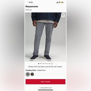 Lululemon NWT Commission men’s gray chino golf pants size 38